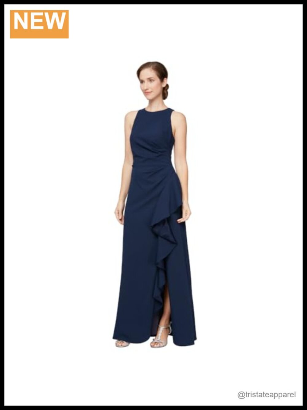 Sleeveless Long Gown with Cascade Ruffle & Leg Slit Formal Evening Dress